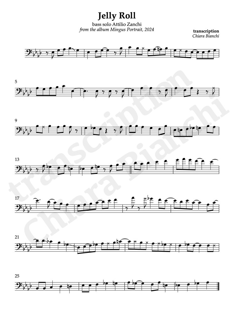 trascrizione di Chiara Bianchi del solo di contrabbasso di Attilio Zanchi sul brano Jelly Roll